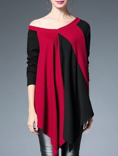 Color Block Off Shoulder Top - RED/BLACK ONE SIZE Off Shoulder T Shirt, Big Shirt, Blouse Shirt, Shirt Fashion, Autumn Fashion Women