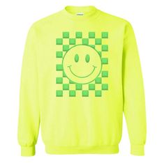 Smiley Check Puff Sweatshirt Sweatshirt colors: Neon pink, neon yellow, neon blue, magenta Smiley color: white, neon pink, light blue, lime, light pink, turquoise Choose your color sweatshirt, choose your color smiley. :) Sizes: S-3XL TAT: 7-10 business days Trendy Yellow Crew Neck Sweatshirt, Trendy Green Sweatshirt, Trendy Green Sweatshirt For Spring, Trendy Neon Crew Neck Top, Casual Neon Crew Neck Top, Trendy Green Crew Sweatshirt, Casual Neon Cotton Tops, Trendy Green Crew Neck Top, Puff Sweatshirt