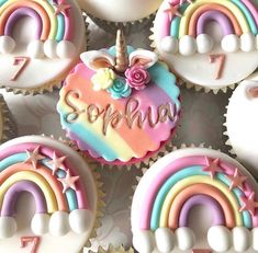 cupcakes decorated with unicorn and rainbow decorations