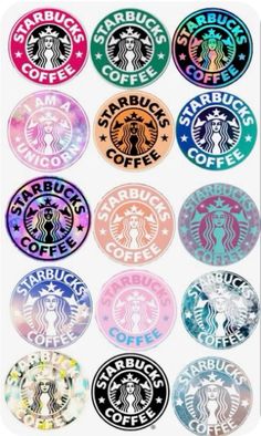 six different colored starbucks stickers with the words starbucks coffee on them, all in different colors