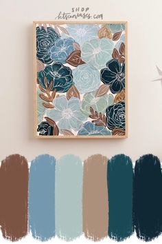 the color palette is blue, brown, and green with some flowers on it's side