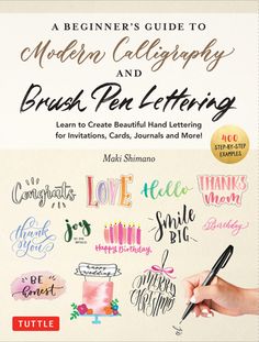 Create beautiful hand-lettered journals, invitations, cards, menus and more with convenient brush pens! Master calligrapher Maki Shimano shows you all the techniques and provides hundreds of colorful examples to inspire you. Creating your own calligraphy is very easy using Shimano's time-tested method of breaking down each letter into a small number of strokes. And she provides dozens of ideas for decorative motifs such as wreaths, balloons, birthday cakes--and so much more! This easy step-by-st Calligraphy Brush Pen, Pen Lettering, Hand Lettering For Beginners, Brush Pen Lettering, Calligraphy Brush, Calligraphy Set, Hand Lettering Inspiration, Learn Calligraphy, Hand Lettering Tutorial