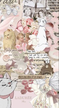 a collage with many different pictures and words on it's side, including an image of a cat