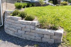 a stone wall with plants growing out of it in front of a house on a hill