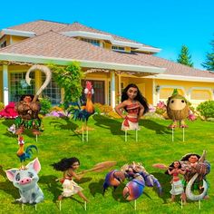 there are many figurines on the lawn in front of a house with animals