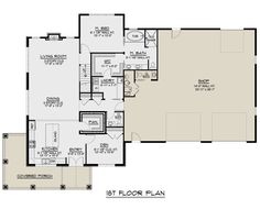 the first floor plan for a home with two separate living areas and an attached garage