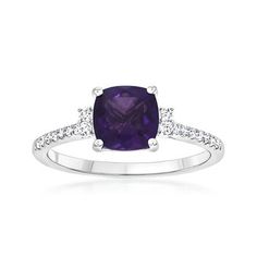 Ross-Simons - 1.30ct Amethyst, .15ct t. w. Diamond Ring Princess Cut in 14kt White Gold. Size 8. Casting a regal shade of deep purple, this 1.30 carat square cushion-cut amethyst ring will elevate your ensemble in an instant. The magnificent jewel is accompanied by the luminosity of .15 ct. t. w. round brilliant-cut diamonds sparking the sleek band. Crafted in 14kt white gold. 1/4" wide. Diamond and amethyst ring. Amethyst birthstones are the perfect gift for February birthdays. Ring Princess Cut, Amethyst Birthstone, Diamond Ring Princess Cut, Amethyst Ring Engagement, Amethyst And Diamond Ring, Sparkling Rings, Bright Purple, Amethyst Ring, Round Brilliant Cut Diamond