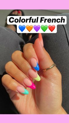 Rainbow Tip Nails, Trending Nail Color, Perfect Nail Color, Nail Color Ideas, Colorful French, Tip Nails, Summer Acrylic Nails