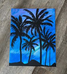 a painting of three palm trees against a blue sky