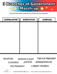 three branches of government match - up worksheet for the 3 branches of government