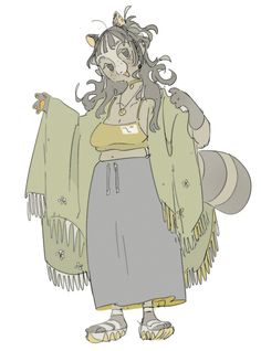 a drawing of a woman with long hair wearing a green jacket and gray skirt holding a fan