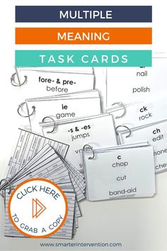 multiple matching task cards with the words in orange, blue and green on top of them