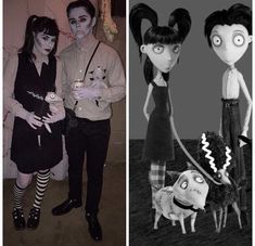 two pictures one is black and white, the other has an image of a couple dressed up in halloween costumes