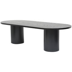 an oval table with black legs and a wooden top