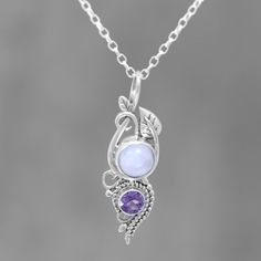 Combining a misty elegance with a sparkling radiance, this pendant necklace from India features a rainbow moonstone cabochon alongside a sparkling amethyst gem. Shanker presents the necklace, which is crafted with sterling silver leaf and rope patterns. Elegant Purple Moonstone Jewelry, Amethyst Pendant Necklace, Amethyst Necklace Pendant, Amethyst Gem, Amethyst Color, Fancy Jewelry, Amethyst Pendant, Jewelry Online Shopping, Jewelry Packaging