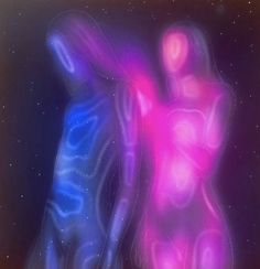 two people standing in front of a star filled sky with their arms around each other