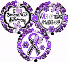 three purple awareness badges with butterflies on them