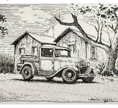 an old truck parked in front of a barn