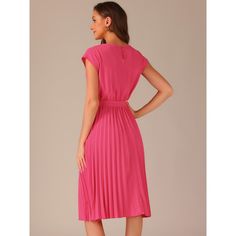 The pleated dress goes great with any body shape, great on you whenever and wherever you decide to wear it. This elegant dress designed with a cap sleeve and pleated hem, adds a touch of fashion to your wardrobe. Perfect for casual indoor daily wear and outdoor business activities like work, office, interviews, meetings, etc. Pair with high heels or leisure shoes for a casual and urban chic lady outfit. Solid A-line Pleated Dress, Solid A-line Dress With Pleated Waist, Pink A-line Midi Dress With Pleated Waist, Fitted Pink Pleated Dress With Pleated Bodice, Fitted Solid Color Pleated Dress, Solid Color Pleated Midi Dress, Solid Pleated V-neck Dress, Pink Midi Pleated Dress, Pink Pleated Dress For Work