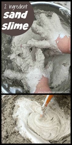 the process for making sand slime is shown in two different pictures, one being made with