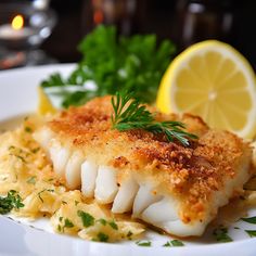 a white plate topped with fish and pasta