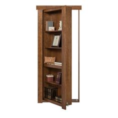 a tall wooden book shelf with books on it's sides and two shelves below