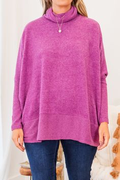 Stay cozy and stylish with our Mind Made Up On You Sweater in light plum! Made from a cozy brushed knit material, this sweater features a cowl neck and ribbed hem and cuff for added warmth! Its high low hemline adds a touch of uniqueness to your look! Perfect for those who want to stay cozy in style! 82% Polyester, 15% Rayon, 3% Spandex Purple Soft Knit Winter Top, Winter Purple Soft Knit Tops, Winter Soft Knit Purple Tops, Cozy Soft Knit Purple Top, Cozy Heather Sweater For Loungewear, Purple Soft Knit Sweater For Fall, Winter Purple Sweater With Ribbed Cuffs, Soft Knit Purple Sweater For Fall, Cozy Soft Knit Funnel Neck Top