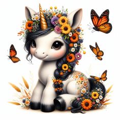 a unicorn with flowers and butterflies around it