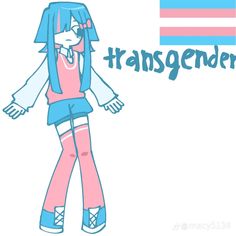 a drawing of a girl with blue hair and pink pants standing in front of an american flag