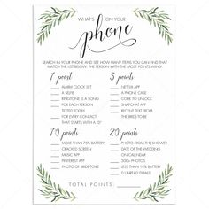 Printable Bridal Shower Game Botanical What's On Your Phone by LittleSizzle Bridal Shower Games Free Printables, Baby Shower Games Unique, Bridal Shower Activities, Garden Bridal Showers, Purse Game, Baby Sprinkle Invitations, Sprinkle Invitations, Bride Shower, Printable Bridal Shower Games