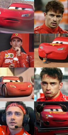 the cars are all different colors and shapes in this collage, including one man with headphones