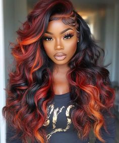 Black And Red Sew In Weave, Copper Calico Hair, Red Natural Hairstyles Black Women, Different Color Hair Ideas Black Women, Fall Hair Colors Ideas, Ginger And Burgundy Hair Black Women, Fall Hair Aesthetic, Curled Hairstyles For Black Women, Red Orange Hair Black Women