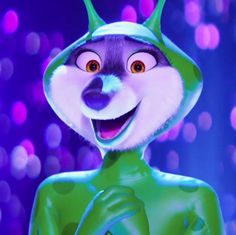 an animated character in a green outfit