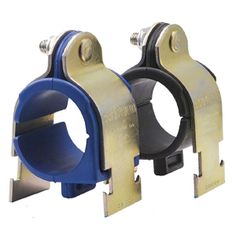 two blue and black clamps are on the side of a white background, one is open