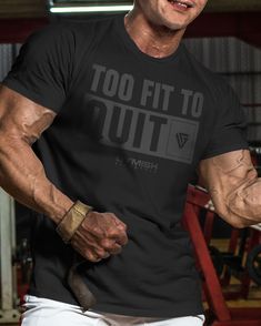 Too Fit To Quit Motivational Gym Shirt Funny T-Shirt for Men, Gym Gear, Gym Apparel, Workout Gift, Gift for him, Gift for Weightlifters Boost your workout motivation with our Too Fit To Quit gym shirt. Made with a very soft, lightweight fabric blend of 60% cotton and 40% poly, This shirt offers a comfortable, regular fit. Perfect for gym lovers, this manly fashion cut with side seams adds to its stylish look also makes for a great gift idea. Take your workout gear to the next level with this fun Pre-shrunk Cotton T-shirt For Training, Athletic Fit Short Sleeve Activewear, Gym Shirt With Letter Print And Short Sleeves, Workout Shirt With Letter Print And Crew Neck, Crew Neck Workout Shirt With Letter Print, Graphic Tee Short Sleeve Gym Shirt, Athletic Fit Crew Neck Top, Pre-shrunk, Pre-shrunk Crew Neck Workout T-shirt, Athletic Fit Pre-shrunk Crew Neck Top