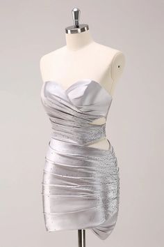 Amzcw Silver Hollow Out Strapless Pleated Tight Metallic Homecoming Dress with Beading Silver Homecoming Dresses, Hoco Dresses Green, Tight Homecoming Dress, Mini Prom Dresses, Homecoming Dresses Short Tight, Dress Up Day, Grey Bridesmaid Dresses, Mermaid Bridesmaid Dresses, Burgundy Bridesmaid Dresses