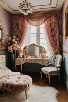 a bedroom with pink and gold decor, flowers on the window sill, an antique dressing table, white furnishing, and a large mirror