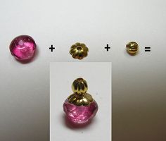 three different colored glass beads and one gold bead are shown in the same image