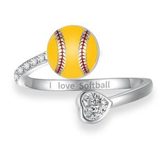 a diamond ring with a softball and i love softball on it