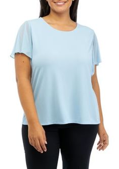 Feminine flutter sleeves bring a touch of romance to this knit top from Calvin Klein. | Calvin Klein Women's Plus Size Short Flutter Sleeve Knit Top, 2X Spring Calvin Klein Solid Color Tops, Calvin Klein Solid Color Spring Tops, Calvin Klein Solid Tops For Spring, Calvin Klein Solid Tops For Summer, Calvin Klein Stretch Crew Neck Top, Chic Stretch Tops By Calvin Klein, Calvin Klein Summer Tops, Spring Stretch Calvin Klein Tops, Calvin Klein Stretch Tops For Spring