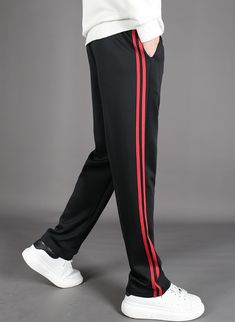 Black Double Red Striped Pants | Mark - GOT7 S Red Striped Pants, Fashion Chingu, Top And Pants Set, Brown Leopard, Type Of Pants, Grey Top, Striped Pants, Straight Pants, Got7