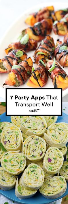 different types of appetizers with text overlay that reads, 7 party apps that transport well