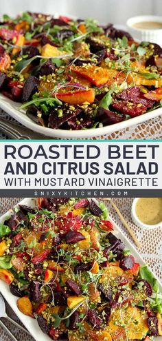 Try this easy side dish recipe! This salad recipe for dinner also doubles as a vegetarian entree. Complete with shaved fennel, pistachio crumble, and a mustard vinaigrette, this roasted beet and citrus salad is super refreshing and full of flavor! Shaved Beet Salad, Beet Fennel Salad, Beet And Fennel Salad, Yellow Beet Salad, Roasted Beet Recipes, Beet Recipes Dinner, Beet And Citrus Salad, Salad With Citrus Dressing, Salad Gourmet