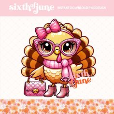 an owl with glasses and a pink bow holding a purse