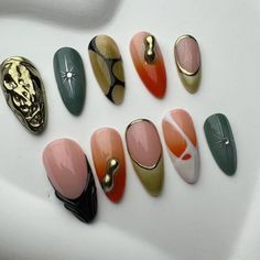 Jade And Gold Nails, Nail Press On, Darker Nails, Japan Inspired Nails, Unique Fall Nails, Hand Drawn Nails, Almond Nails Y2k, Long Nails Almond, Japan Nails