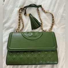 Stunning Color, Olive, Barely Used, As Good As New, Medium Sized Bag In Perfect Condition With A Dust Bag. Tory Burch Fleming Convertible Shoulder Bag, Green Handbag, Medium Sized Bags, Tory Burch Bags, Tory Burch Bag, Convertible, Tory Burch, Dust Bag, Bag Lady