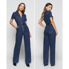 Perfect For Casual Outings Or Dressed-Up Occasions, Offers Versatility And Effortless Style. Pair It With Your Favorite Sneakers Or Heels For A Chic, Modern Outfit. - Brand: Reformation - Size: 2 - Color: Toluca / Blue - Belt Loops - Collared - Button Front Closure - Short Sleeve - Flap Pockets - Slash Pockets - Straight Leg - Denim Fabric - 80% Regeneratively Grown Cotton And 20% Recycled Cotton Fashion Apparel, Stylish, Comfortable, Quality, Designer, Trendy, Wear, Outfit, Versatile, Essential Reformation Jeans, Blue Belt, Cotton Fashion, Straight Leg Denim, Modern Outfits, Denim Jumpsuit, Denim Fabric, Recycled Cotton, Effortless Style