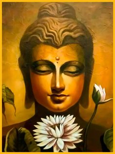 a painting of a buddha holding a flower in front of it's face and eyes