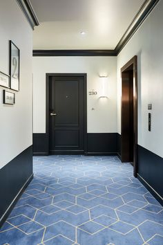 an empty hallway with blue carpet and white walls, black doors and framed pictures on the wall