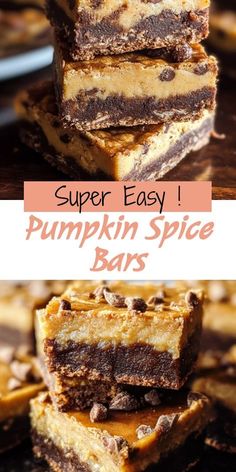 pumpkin spice bars stacked on top of each other with the title super easy pumpkin spice bars